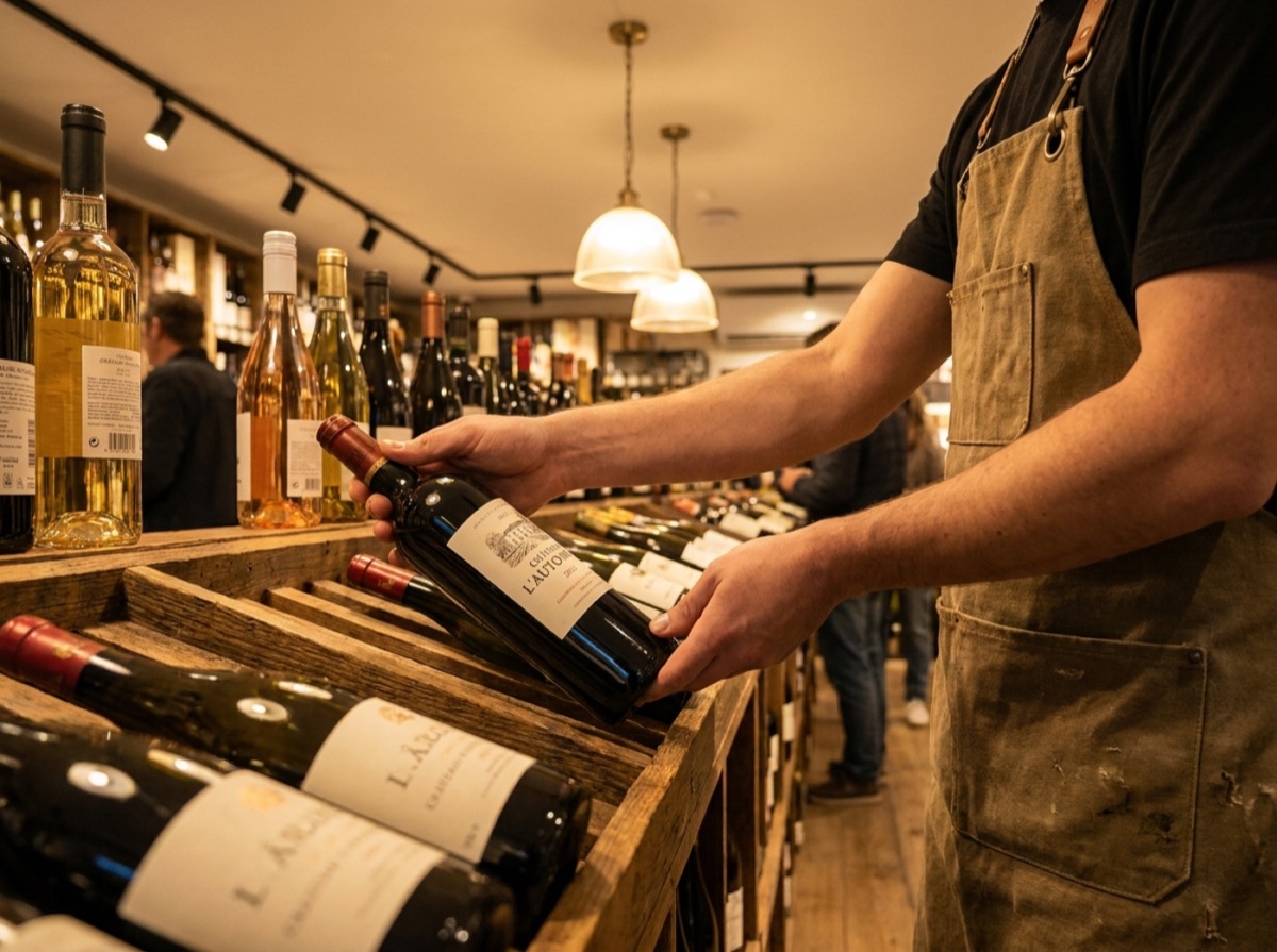 Staff stocking wine bottles on a liquor store shelf
